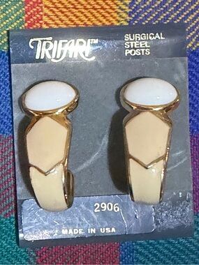 Vintage Trifari Cream and White Enamel Earrings